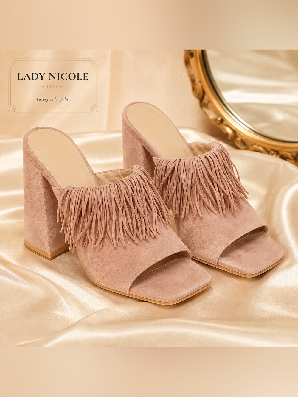Stuart Weitzman Tia Fawn Suede Fringe Block Heel Mules Size 10B